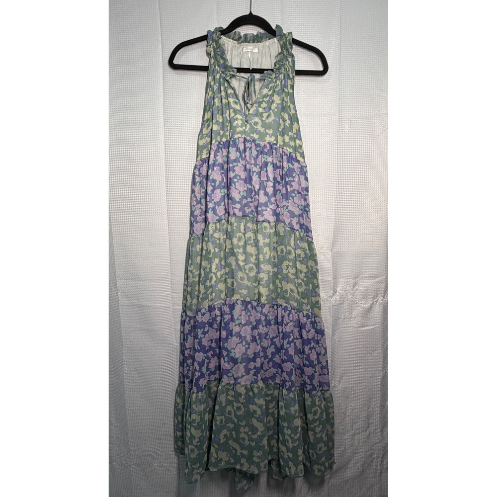 Stitchdrop Floral Tiered Maxi Dress XS Green Purple Ruffle‎ Tie Neck Sleeveless
